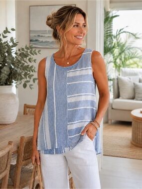 Ellen Tracy 100% Linen Sleeveless Tunic Top blue Stripe Hi Low Hem Size Small